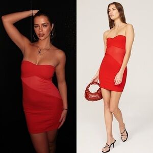 VICTOR GLEMAUD Red Ponte Knit Strapless Sheer Panel Cutout Bodycon Mini‎ Dress M